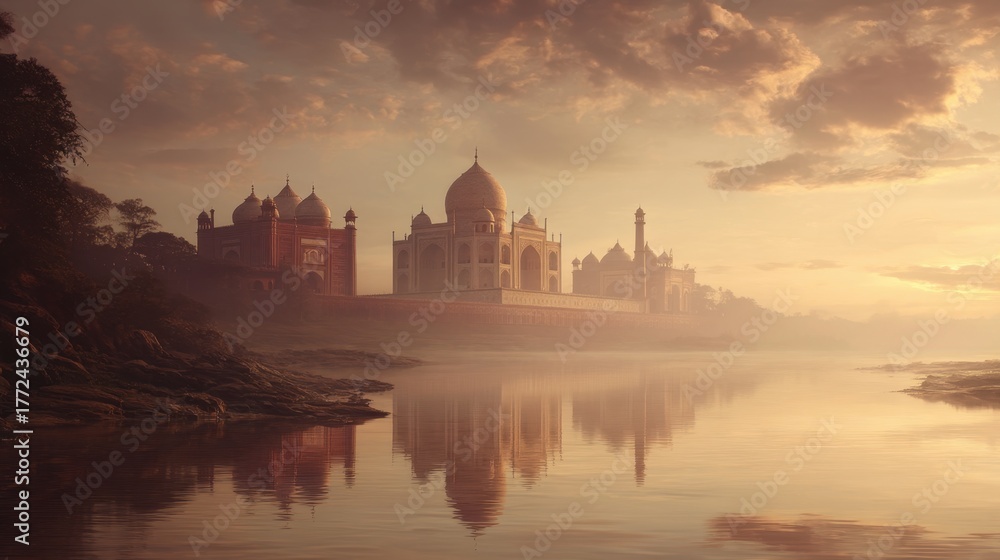 Naklejka premium Majestic Taj Mahal Reflection in Serene Morning Light at Dawn