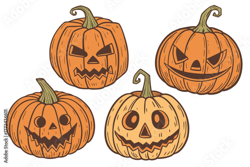 Realistic Carved Orange Pumpkins with Spooky Jack-o'-Lantern Faces – 3D Halloween Digital Art