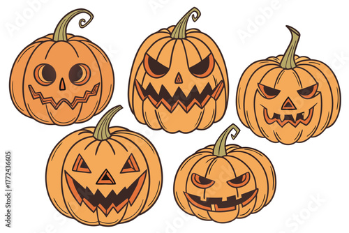 Realistic Carved Orange Pumpkins with Spooky Jack-o'-Lantern Faces – 3D Halloween Digital Art