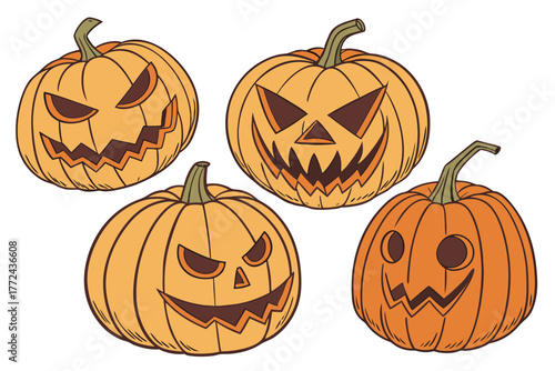 Realistic Carved Orange Pumpkins with Spooky Jack-o'-Lantern Faces – 3D Halloween Digital Art