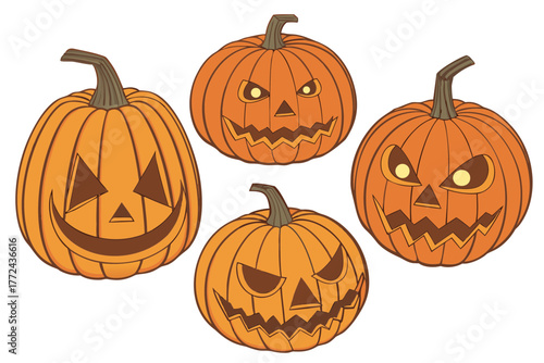 Realistic Carved Orange Pumpkins with Spooky Jack-o'-Lantern Faces – 3D Halloween Digital Art