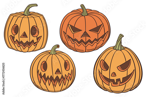 Realistic Carved Orange Pumpkins with Spooky Jack-o'-Lantern Faces – 3D Halloween Digital Art