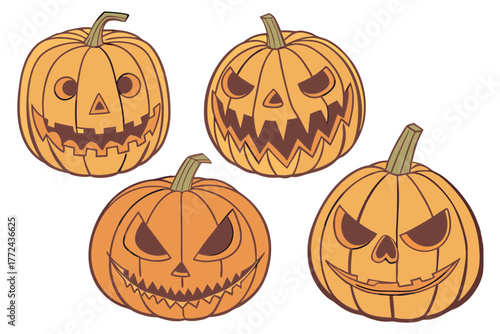 Realistic Carved Orange Pumpkins with Spooky Jack-o'-Lantern Faces – 3D Halloween Digital Art