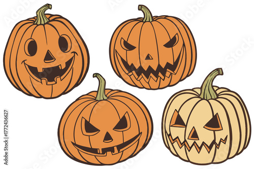 Realistic Carved Orange Pumpkins with Spooky Jack-o'-Lantern Faces – 3D Halloween Digital Art