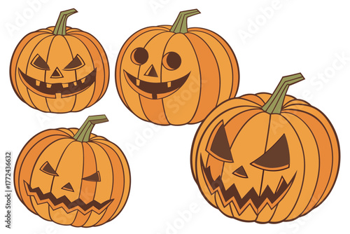 Realistic Carved Orange Pumpkins with Spooky Jack-o'-Lantern Faces – 3D Halloween Digital Art