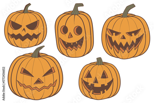 Realistic Carved Orange Pumpkins with Spooky Jack-o'-Lantern Faces – 3D Halloween Digital Art