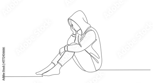 A single line drawing depicts a person sitting in a contemplative pose.