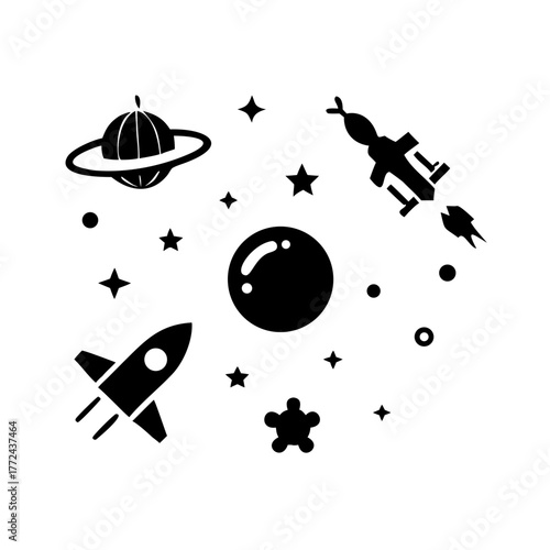 Illustration of a cartoon space scene with a planet, rockets, stars, and a central celestial body