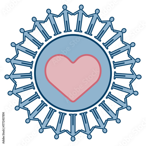 手を繋いだ人々が円になり、中央のハートを囲んで平和を象徴するデザインイラスト