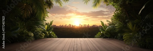 Tropical jungle view of city skyline at sunset
