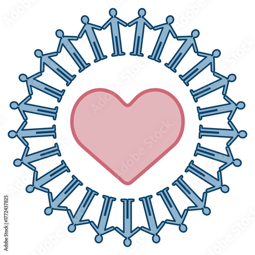 多様な人々が手を繋いでハートを囲む、連帯と愛をテーマにしたベクターイラスト