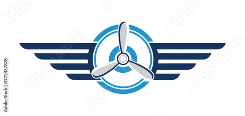 An aviation emblem featuring a propeller and wings on a white background.