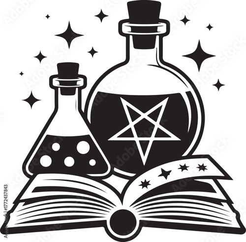 Occult Rituals Black and White Silhouette: Forbidden Knowledge Potions and Ancient Tome
