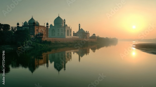 Wallpaper Mural Serene Sunrise Over Taj Mahal Reflection in River Landscape Torontodigital.ca