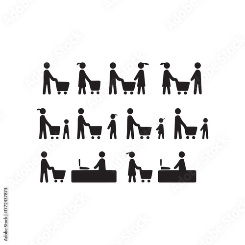 Shopping icon, male person with shopping cart in a glyph pictogram illustration