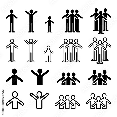 万歳をするさまざまな人物を描いたシンプルで汎用性の高いイラスト素材