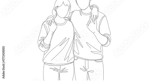 A minimalist line drawing of a couple standing close together with their arms around each other.