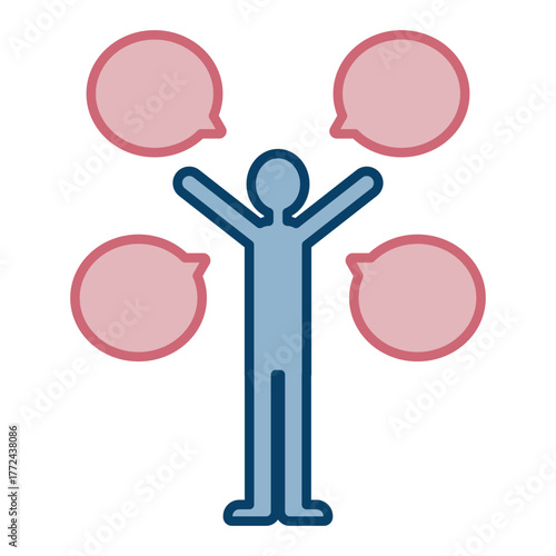 全身の人と4つの吹き出しで意見交換を表現したシンプルなピクトグラムイラスト
