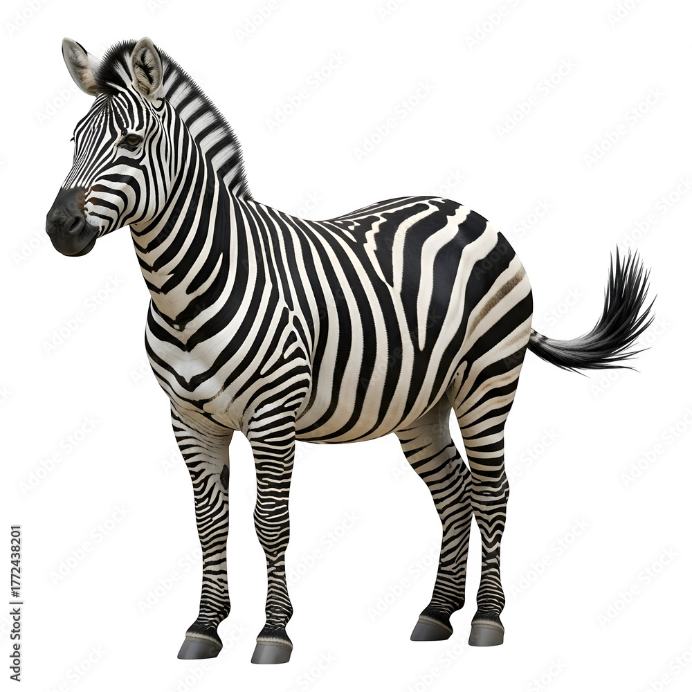 Fototapeta premium Realistic full-body zebra with a long tail standing proudly on a white background, perfect for wildlife, nature, and design projects.
