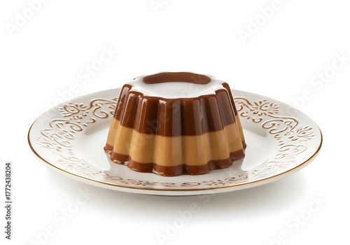 Delicious layered dessert on decorative plate against a white background