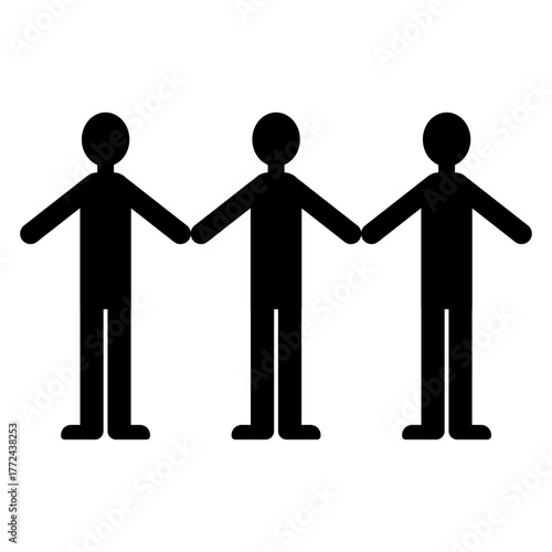 三人の人間が横一列に立つ、協力や団結を象徴する全身シルエットイラスト