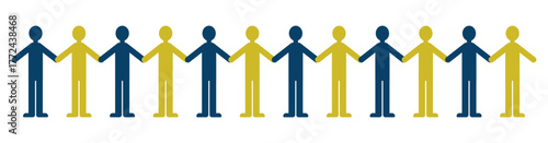 手をつなぐ12人の人々を描いた、協働と仲間意識を表すミニマルなフラットイラスト