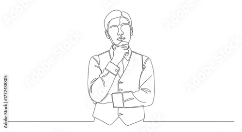 A businessman stands in deep thought, chin resting on his hand, pondering an idea.