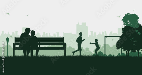 A mother teaches her child how to use a cell phone in a park, surrounded by people exercising. Trendy silhouette background vector design.