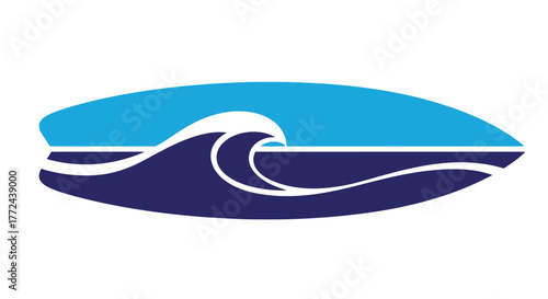 A surfboard silhouette encloses a stylized ocean wave and sky scene.