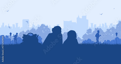A family outing with children and a mother sleeping in the park. Trendy silhouette background vector design.