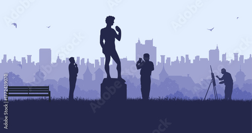 The elderly artist enjoys sculpture with an urban view. Trendy silhouette background design vector.