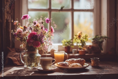 Wallpaper Mural photo of sunlight shining on breakfast tray by window, pastel calm mood and minimal setup Torontodigital.ca