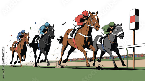 A cartoon illustration of four horses racing towards the finish line with jockeys and a crowd watching