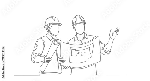 Two construction workers in hard hats review building plans on a blueprint.
