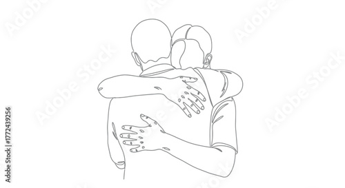 Two people embrace in a simple line drawing on a white background.