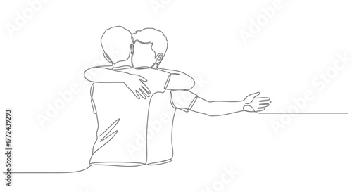 Two friends embrace in a warm hug, one extending an arm in greeting.