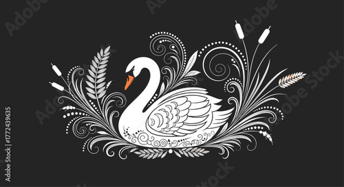 Elegant white swan illustration with floral elements on a dark background, perfect for various design projects and themes.