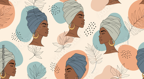 Elegant pattern with illustrations of African women wearing turbans and hoop earrings, alongside botanical elements and abstract shapes.