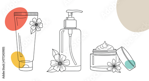 Minimalist line art illustration of cosmetic products with flowers and abstract shapes, perfect for beauty and skincare themes.