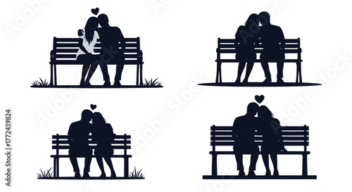Romantic silhouettes of couples in love sitting on benches, celebrating love and Valentine's Day with affection and togetherness.