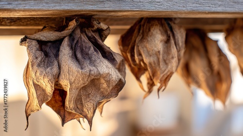 tolerable. Close-up of dried lovage leaves on a wooden rack with natural morning light. gardening catalogs, home-decor guides, designed for home decor and floral branding, used by sports marketers.