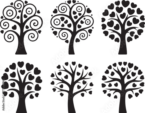 Swirling Trees of Love: Elegant Silhouettes with Spiral Branches and Heart Ornaments