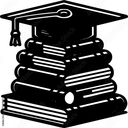 Academic Ascent: A striking graphic portrays a stack of books surmounted by a graduation cap, representing knowledge, learning, and the pursuit of academic achievement.
