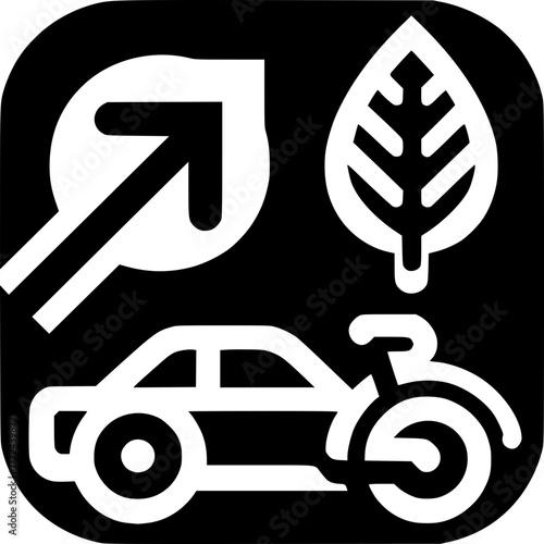 Eco-friendly transport : A graphic depiction of a car, a bicycle and a leaf, symbolizing environmentally friendly modes of transportation and sustainable practices. 