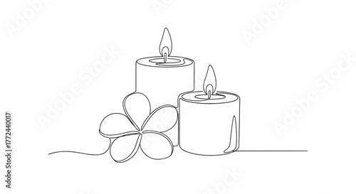 Minimalist continuous line drawing of two lit candles and a flower.