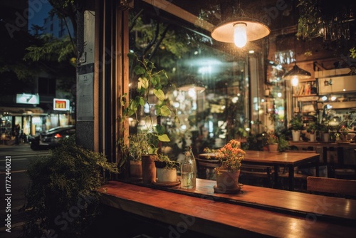 photo of warm café interior seen from outside window, peaceful Seoul night feeling 