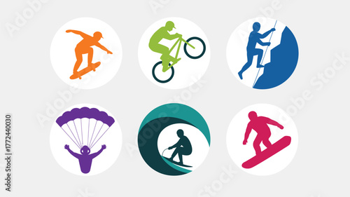 Illustration of extreme sports icons including skateboarding, biking, climbing and more in circles