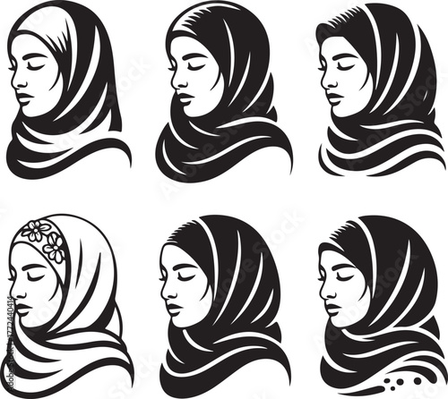 Elegant Silhouette Portraits of Women Wearing Hijab in Varied Styles