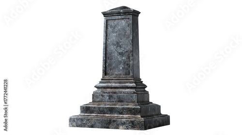 The image shows a gray granite tombstone or gravestone. It has a smooth, polished surface with a rounded top and stands on a rectangular base. The stone is simple and unengraved, often used as a heads