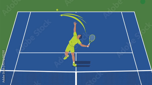 A tennis player in a green outfit serving on a blue court with green grass and a tennis ball above